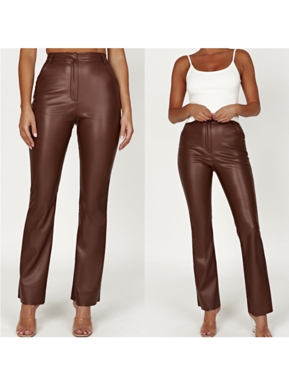 Meshki Faux Leather Straight Leg Pants In Chocolate - Picture 5 of 6